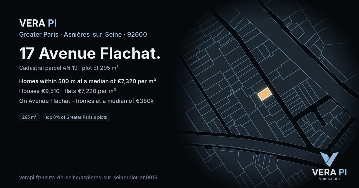 17 Avenue Flachat, Asnières-sur-Seine at night – the plot lit, the parcels around coloured by the prices near them