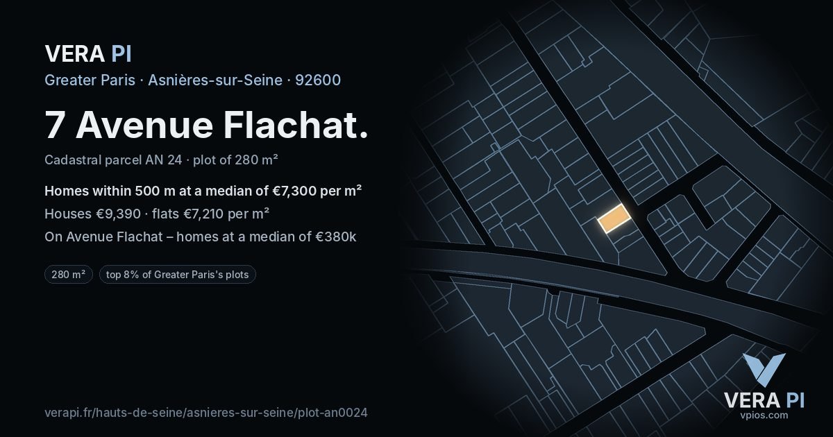 7 Avenue Flachat, Asnières-sur-Seine at night – the plot lit, the parcels around coloured by the prices near them