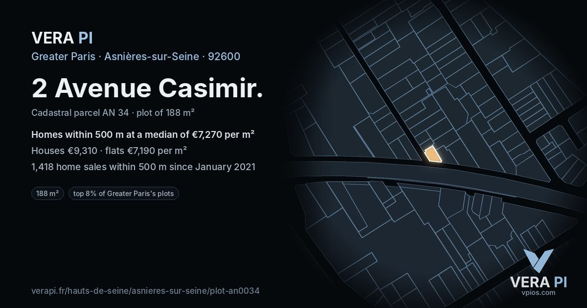2 Avenue Casimir, Asnières-sur-Seine at night – the plot lit, the parcels around coloured by the prices near them