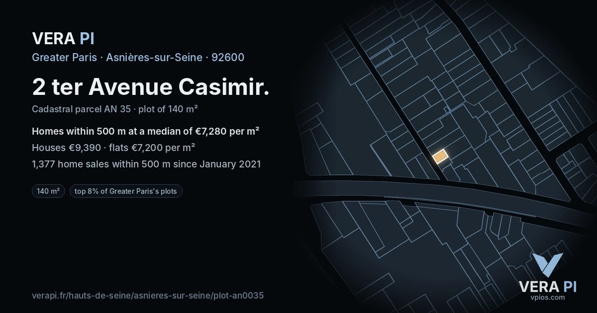 2 ter Avenue Casimir, Asnières-sur-Seine at night – the plot lit, the parcels around coloured by the prices near them