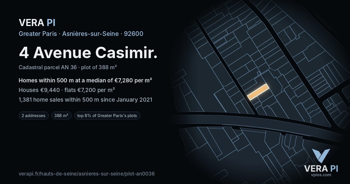 4 Avenue Casimir, Asnières-sur-Seine at night – the plot lit, the parcels around coloured by the prices near them