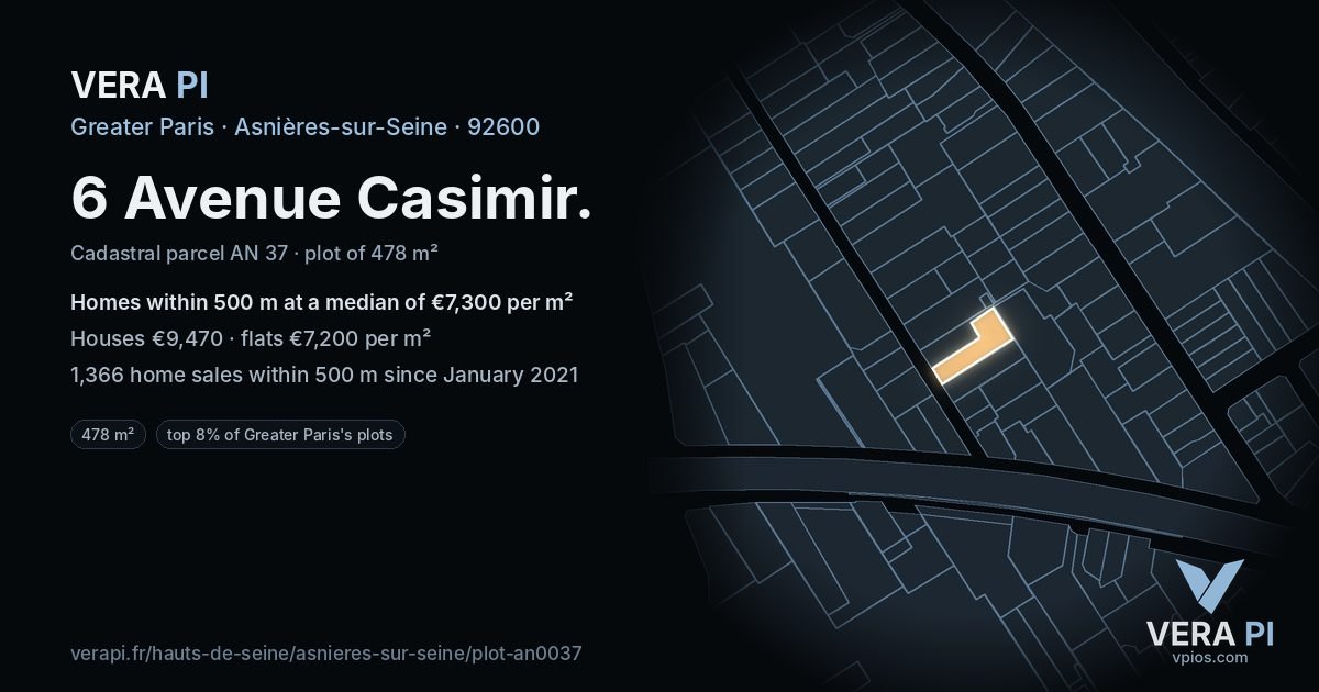 6 Avenue Casimir, Asnières-sur-Seine at night – the plot lit, the parcels around coloured by the prices near them