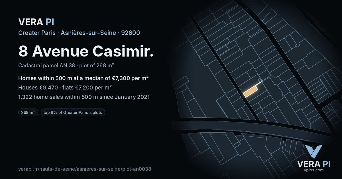 8 Avenue Casimir, Asnières-sur-Seine at night – the plot lit, the parcels around coloured by the prices near them