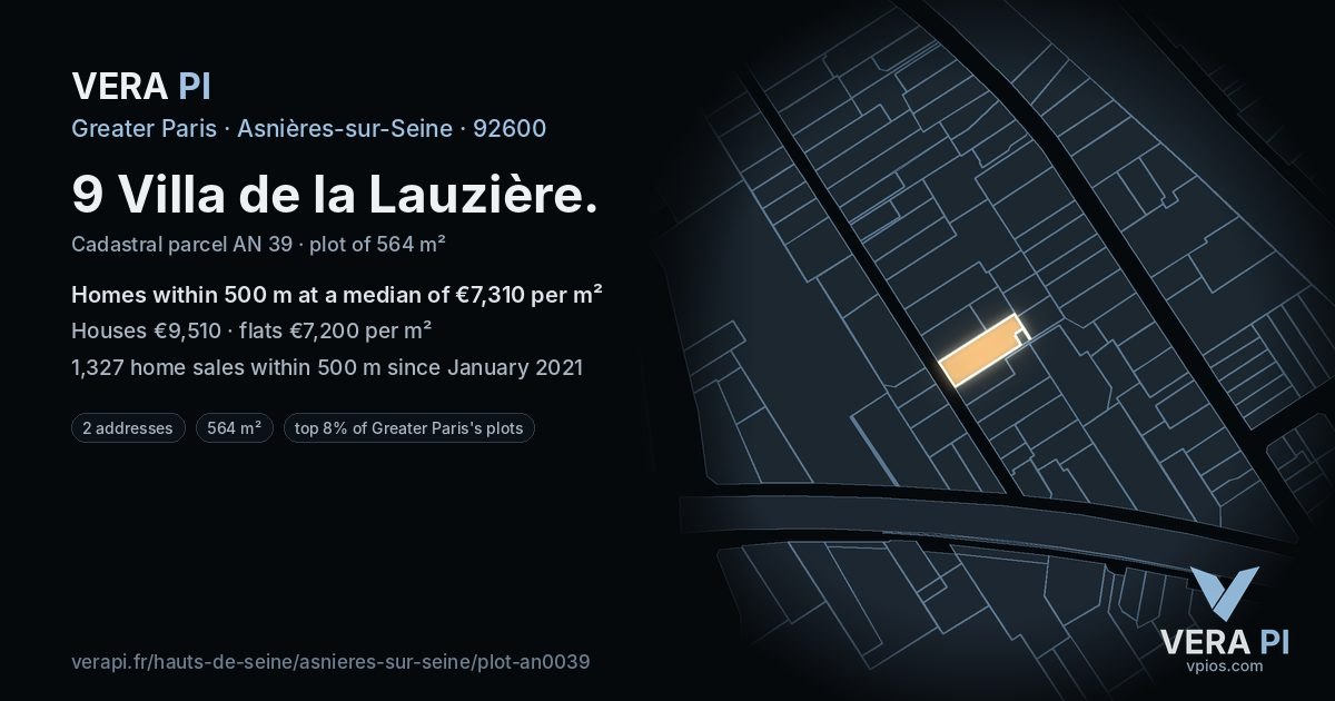 9 Villa de la Lauzière, Asnières-sur-Seine at night – the plot lit, the parcels around coloured by the prices near them