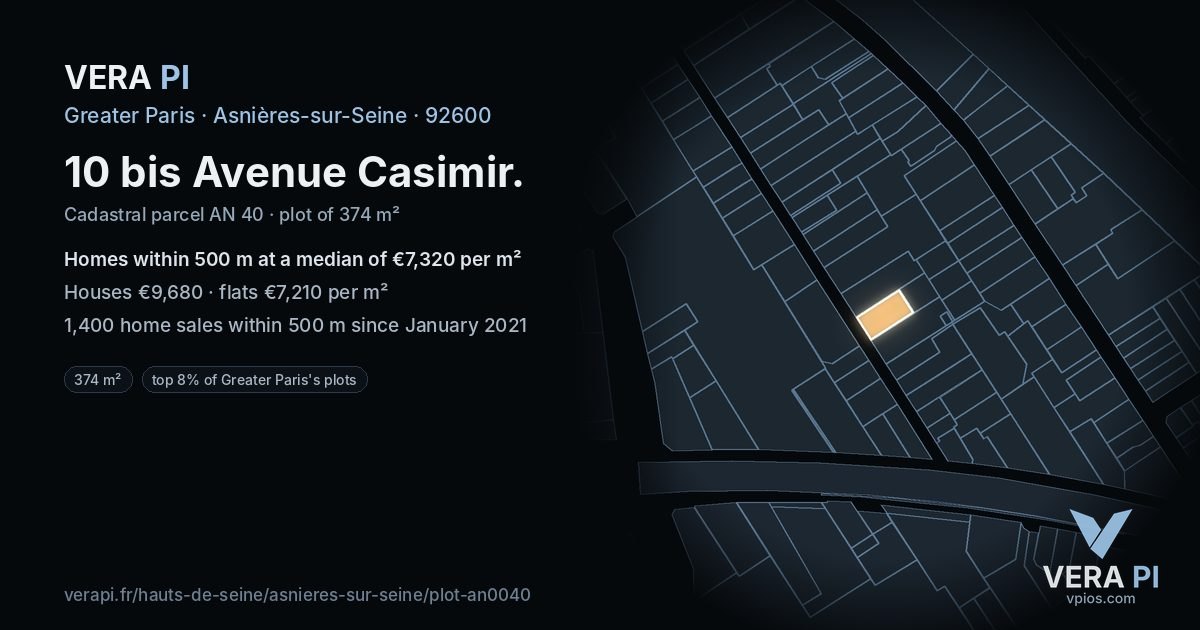 10 bis Avenue Casimir, Asnières-sur-Seine at night – the plot lit, the parcels around coloured by the prices near them