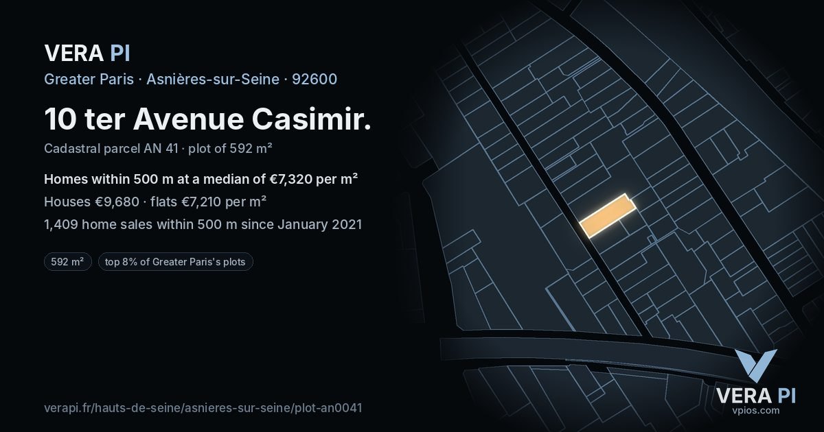10 ter Avenue Casimir, Asnières-sur-Seine at night – the plot lit, the parcels around coloured by the prices near them
