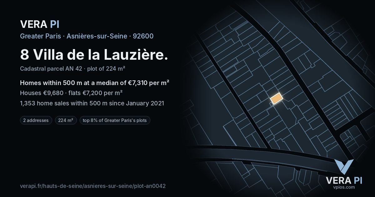 8 Villa de la Lauzière, Asnières-sur-Seine at night – the plot lit, the parcels around coloured by the prices near them