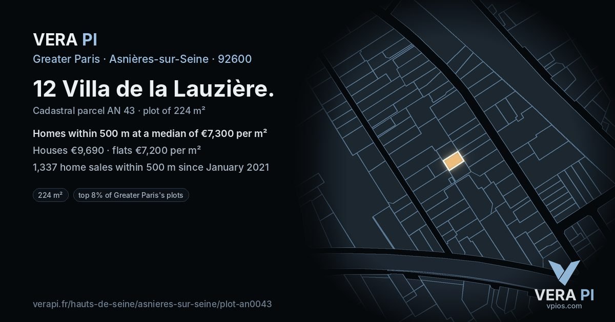 12 Villa de la Lauzière, Asnières-sur-Seine at night – the plot lit, the parcels around coloured by the prices near them