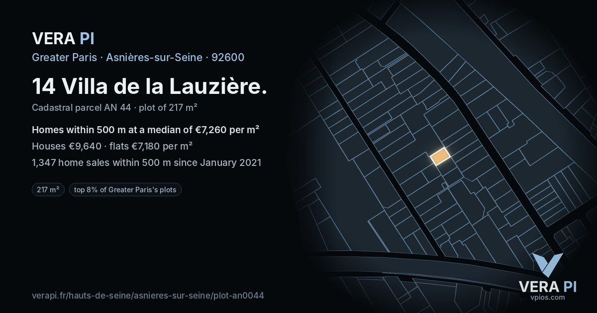 14 Villa de la Lauzière, Asnières-sur-Seine at night – the plot lit, the parcels around coloured by the prices near them