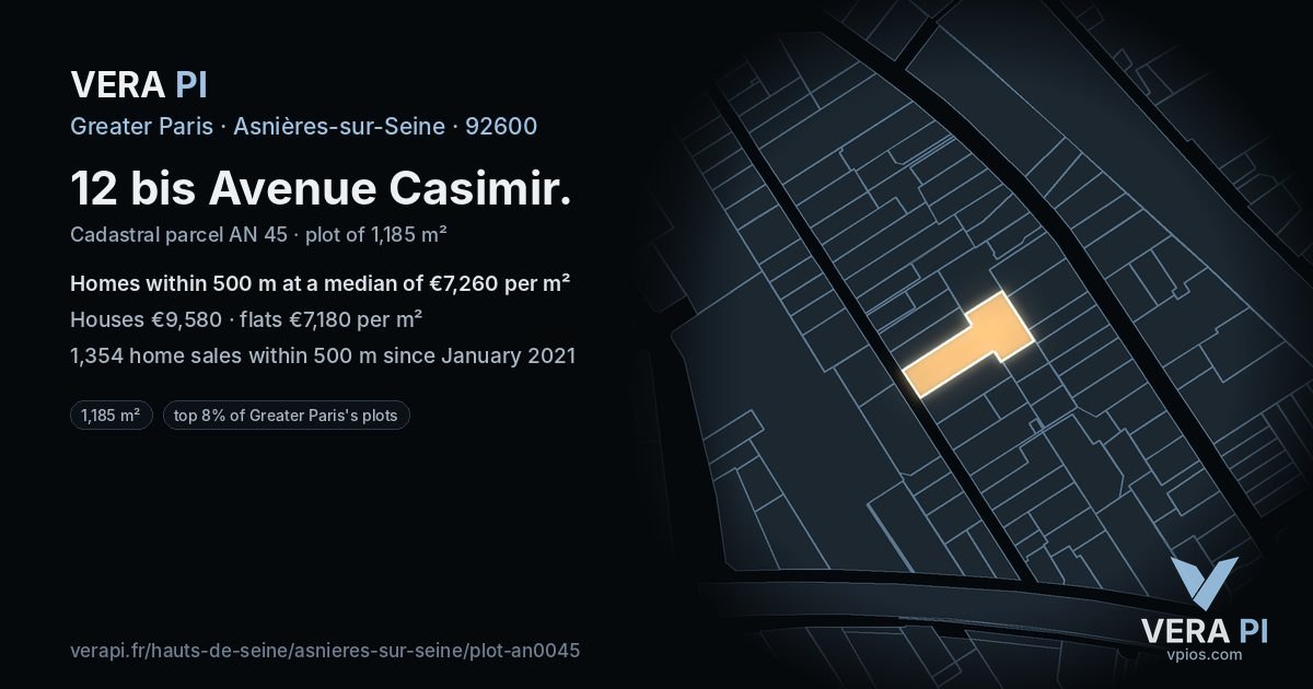 12 bis Avenue Casimir, Asnières-sur-Seine at night – the plot lit, the parcels around coloured by the prices near them