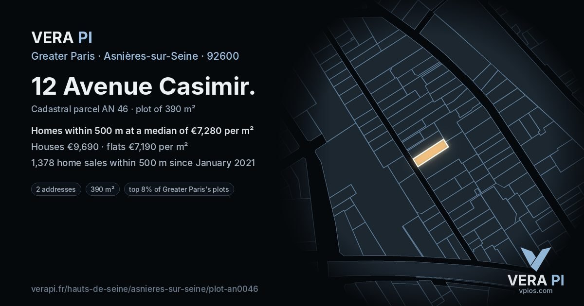 12 Avenue Casimir, Asnières-sur-Seine at night – the plot lit, the parcels around coloured by the prices near them