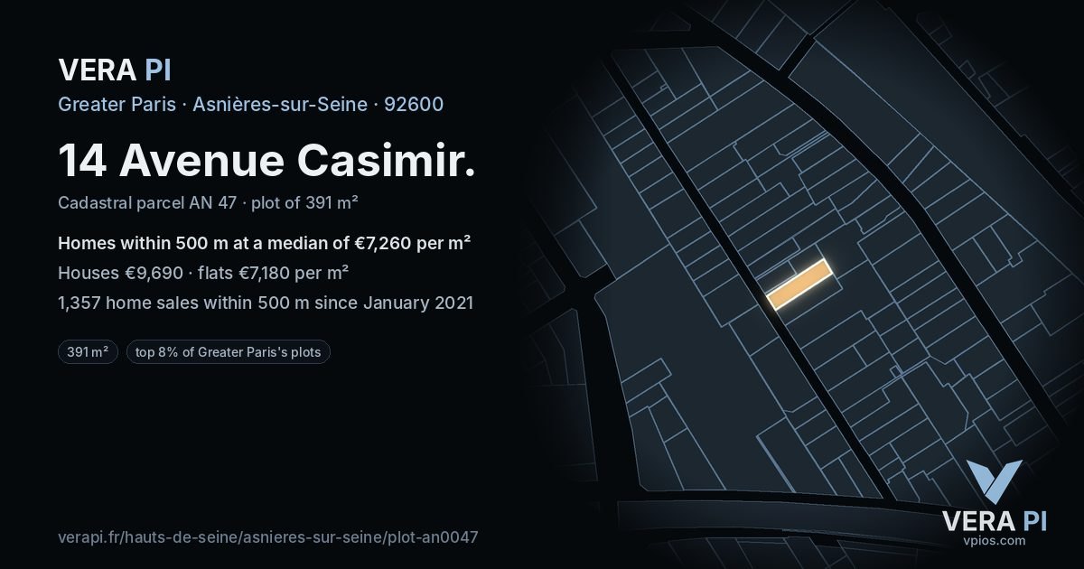 14 Avenue Casimir, Asnières-sur-Seine at night – the plot lit, the parcels around coloured by the prices near them