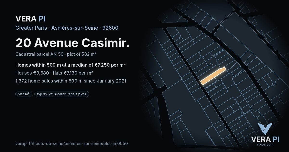 20 Avenue Casimir, Asnières-sur-Seine at night – the plot lit, the parcels around coloured by the prices near them