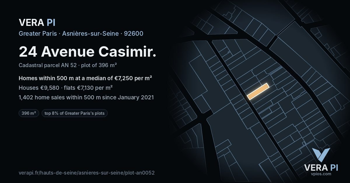 24 Avenue Casimir, Asnières-sur-Seine at night – the plot lit, the parcels around coloured by the prices near them