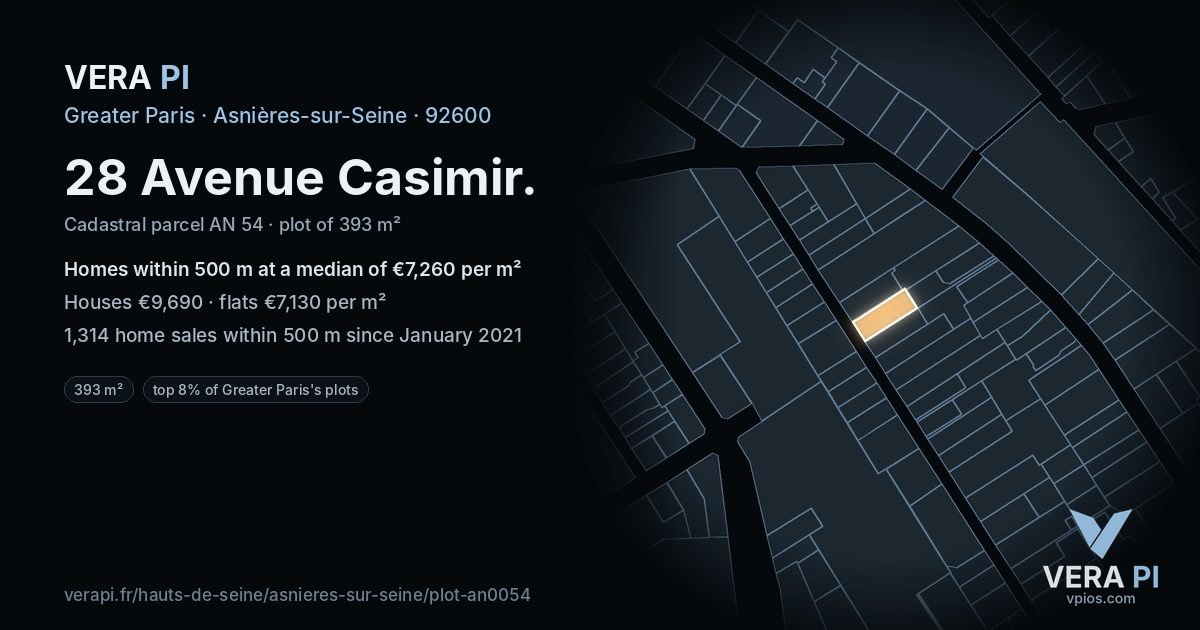28 Avenue Casimir, Asnières-sur-Seine at night – the plot lit, the parcels around coloured by the prices near them