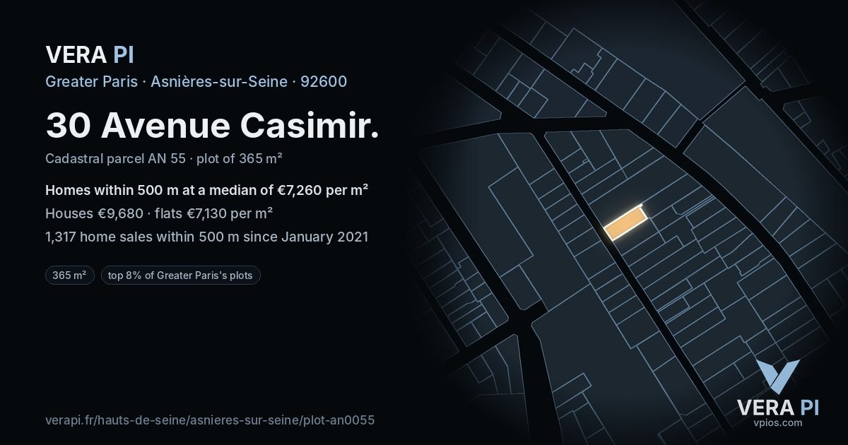 30 Avenue Casimir, Asnières-sur-Seine at night – the plot lit, the parcels around coloured by the prices near them