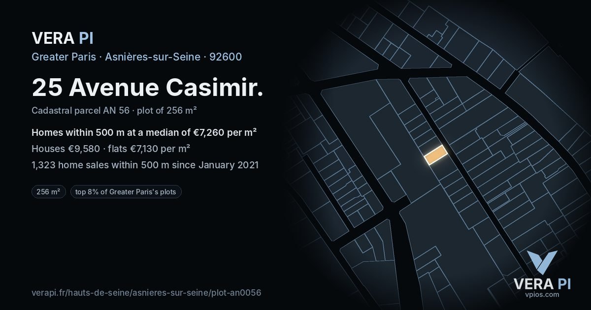 25 Avenue Casimir, Asnières-sur-Seine at night – the plot lit, the parcels around coloured by the prices near them