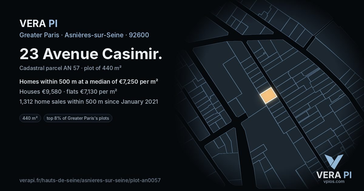 23 Avenue Casimir, Asnières-sur-Seine at night – the plot lit, the parcels around coloured by the prices near them