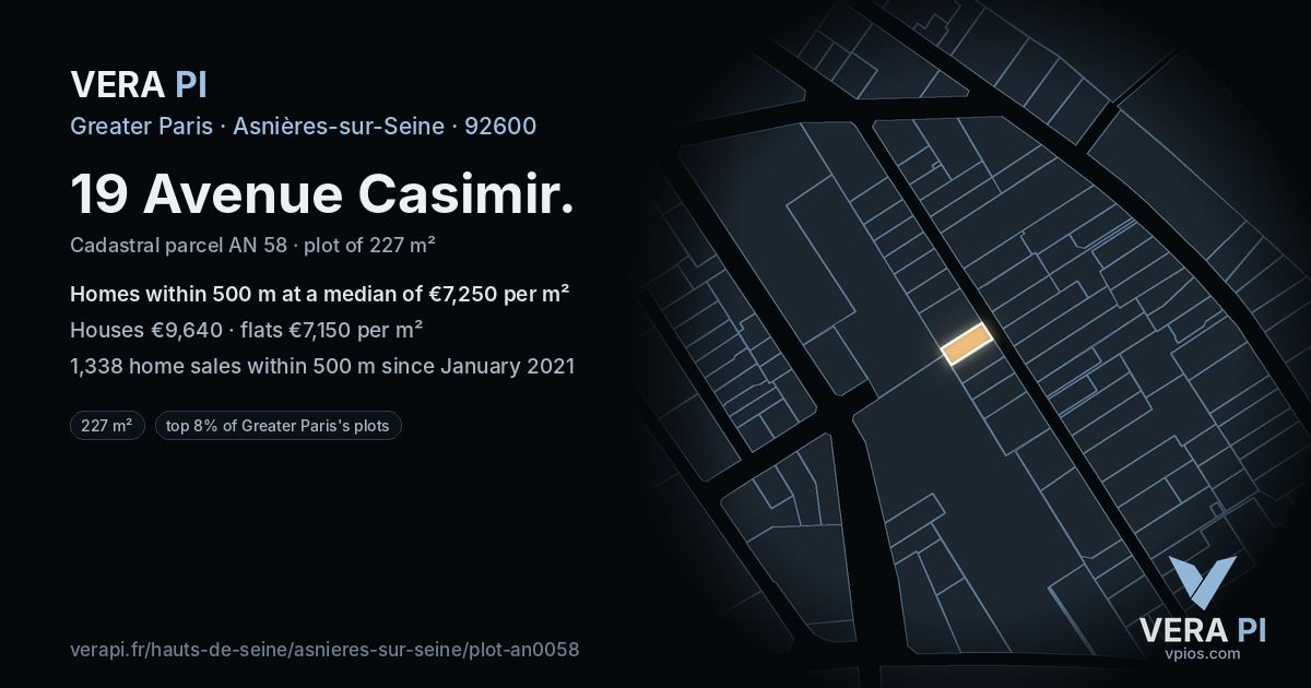 19 Avenue Casimir, Asnières-sur-Seine at night – the plot lit, the parcels around coloured by the prices near them