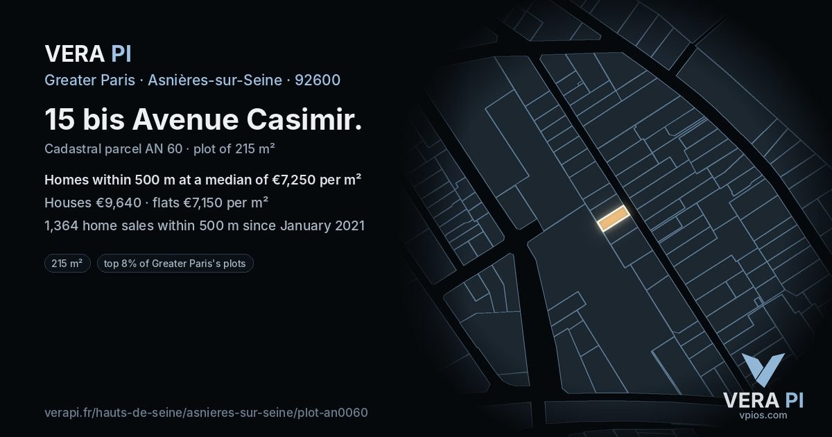 15 bis Avenue Casimir, Asnières-sur-Seine at night – the plot lit, the parcels around coloured by the prices near them