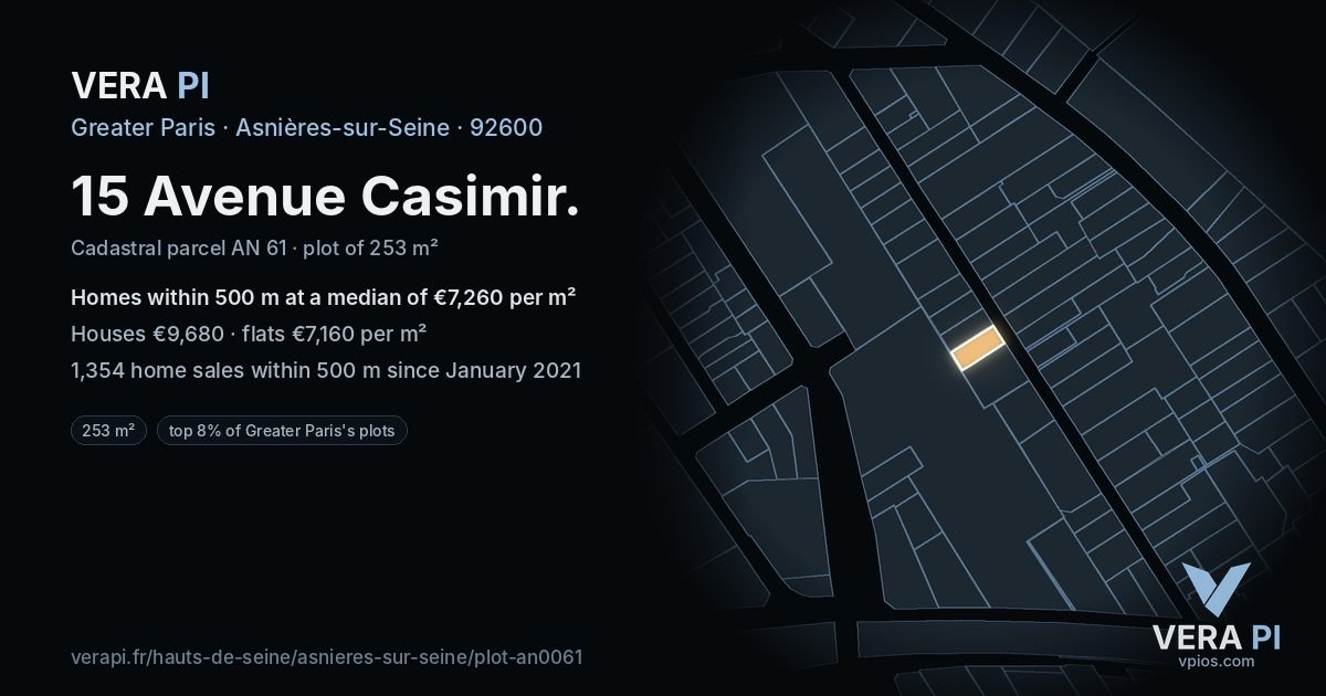 15 Avenue Casimir, Asnières-sur-Seine at night – the plot lit, the parcels around coloured by the prices near them