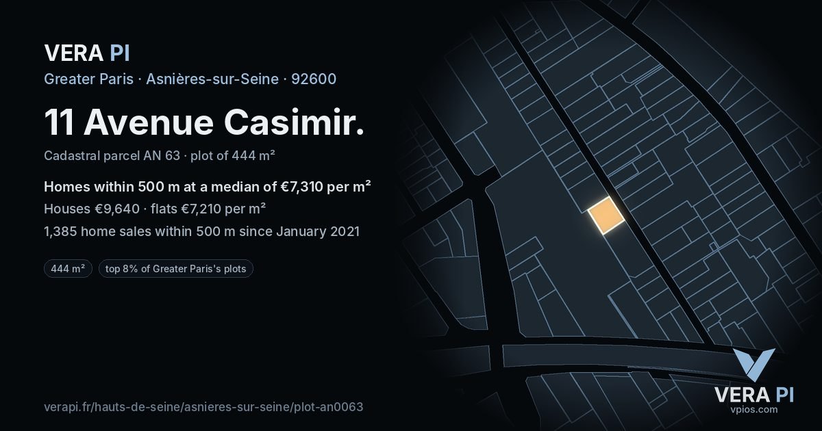 11 Avenue Casimir, Asnières-sur-Seine at night – the plot lit, the parcels around coloured by the prices near them