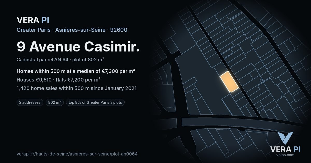 9 Avenue Casimir, Asnières-sur-Seine at night – the plot lit, the parcels around coloured by the prices near them