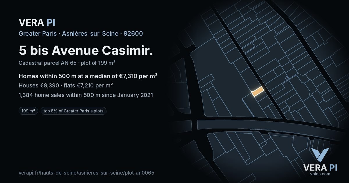 5 bis Avenue Casimir, Asnières-sur-Seine at night – the plot lit, the parcels around coloured by the prices near them