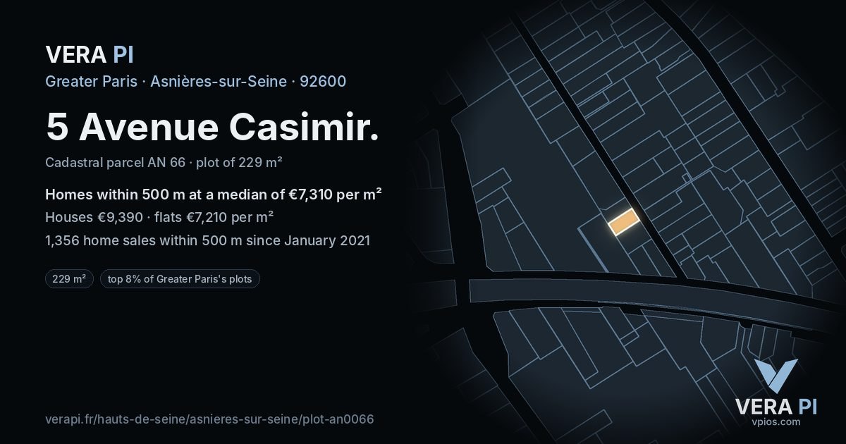 5 Avenue Casimir, Asnières-sur-Seine at night – the plot lit, the parcels around coloured by the prices near them