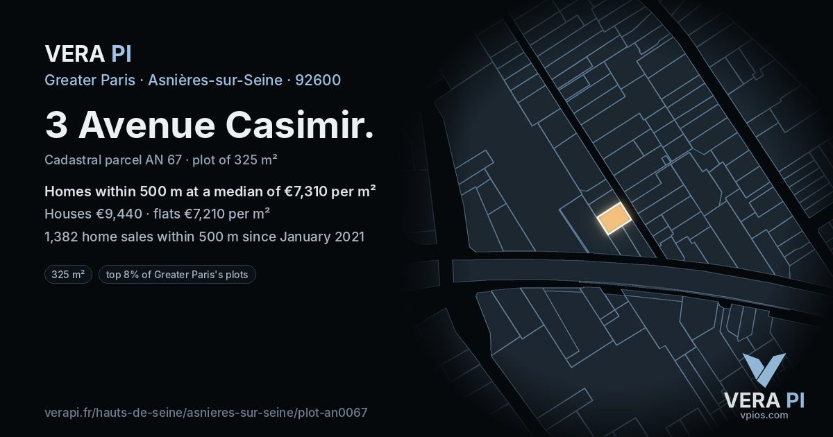 3 Avenue Casimir, Asnières-sur-Seine at night – the plot lit, the parcels around coloured by the prices near them