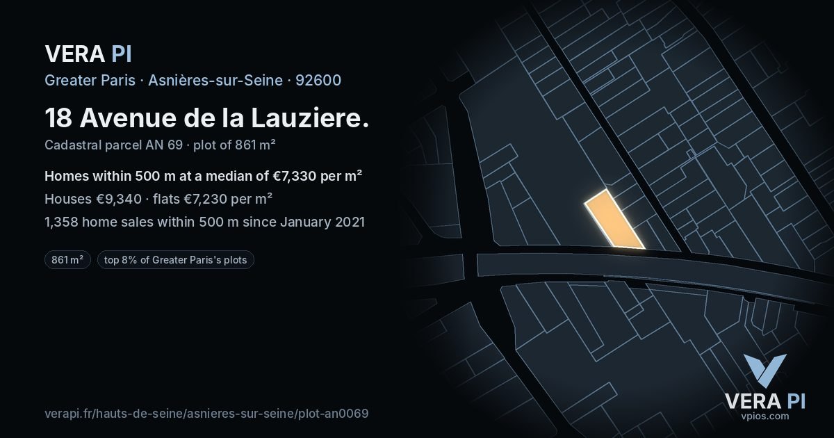 18 Avenue de la Lauziere, Asnières-sur-Seine at night – the plot lit, the parcels around coloured by the prices near them