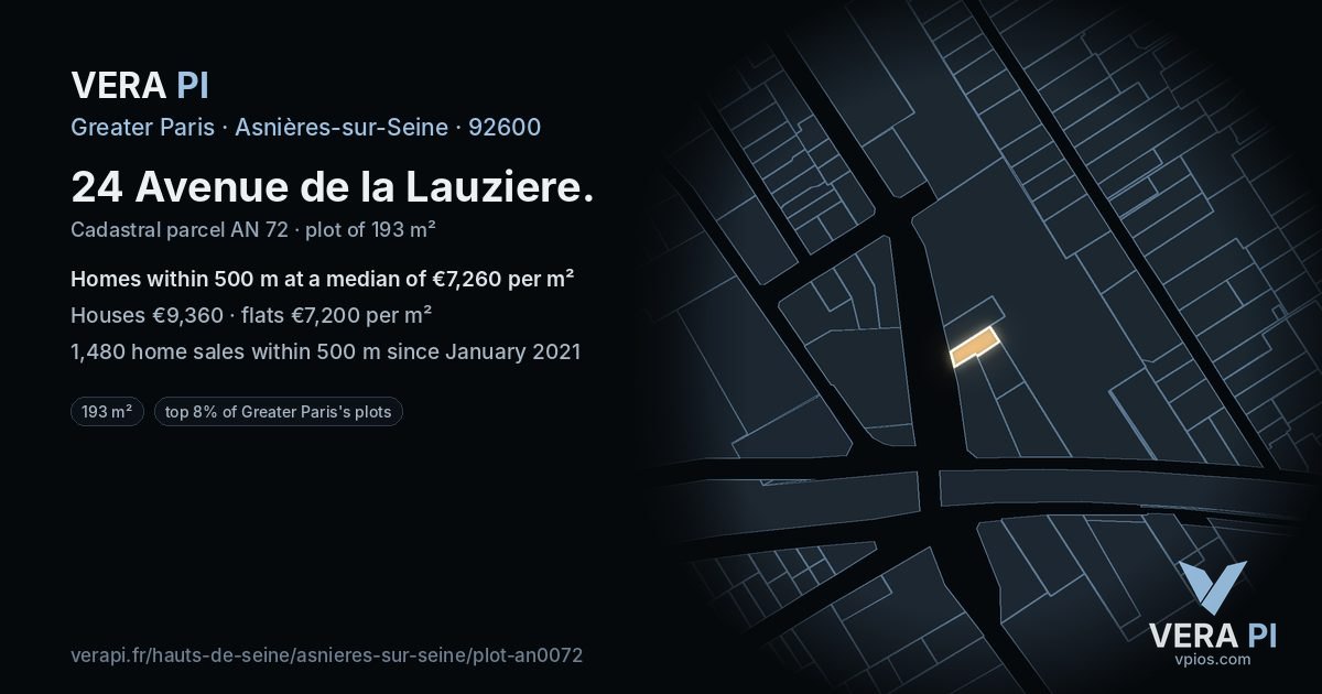 24 Avenue de la Lauziere, Asnières-sur-Seine at night – the plot lit, the parcels around coloured by the prices near them