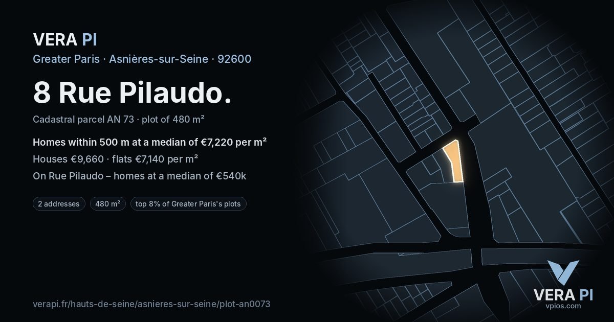 8 Rue Pilaudo, Asnières-sur-Seine at night – the plot lit, the parcels around coloured by the prices near them