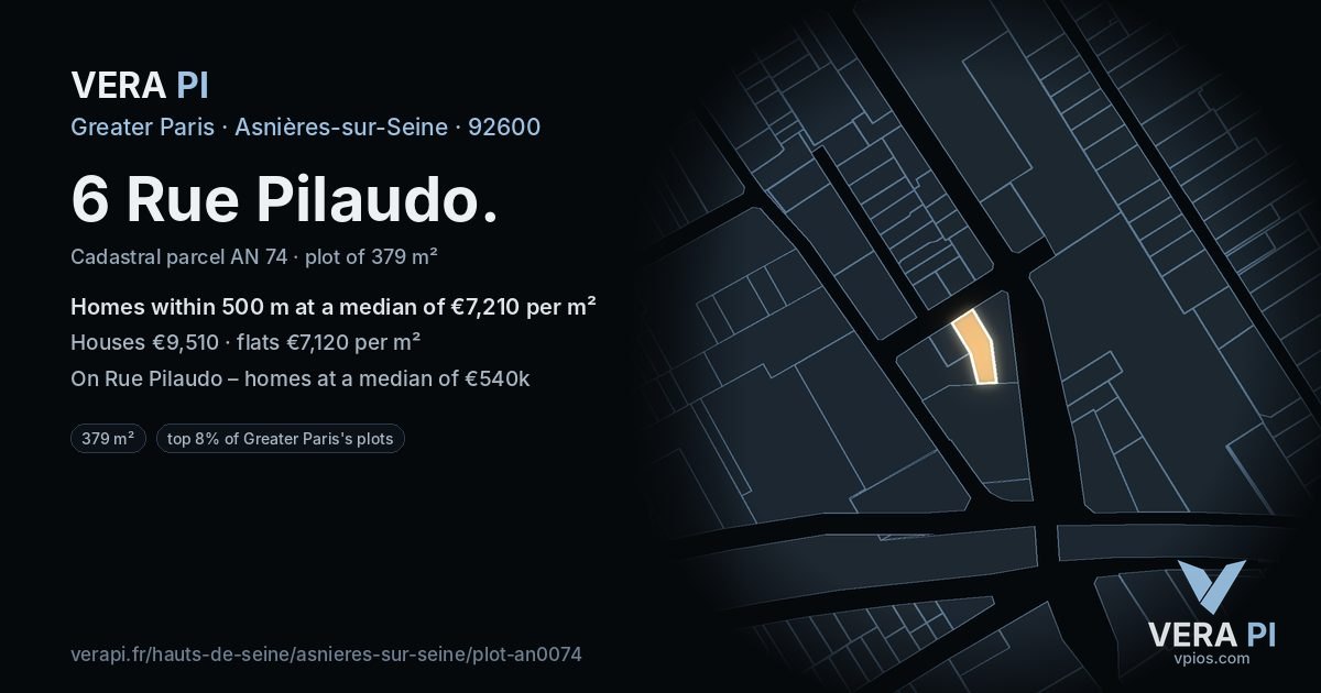 6 Rue Pilaudo, Asnières-sur-Seine at night – the plot lit, the parcels around coloured by the prices near them