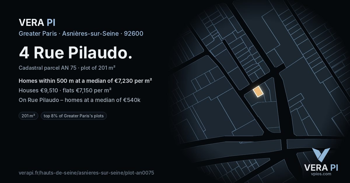4 Rue Pilaudo, Asnières-sur-Seine at night – the plot lit, the parcels around coloured by the prices near them