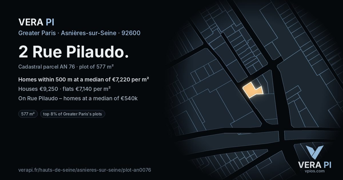 2 Rue Pilaudo, Asnières-sur-Seine at night – the plot lit, the parcels around coloured by the prices near them