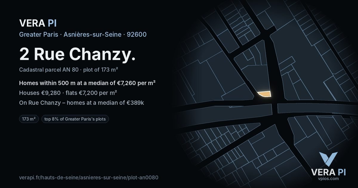 2 Rue Chanzy, Asnières-sur-Seine at night – the plot lit, the parcels around coloured by the prices near them
