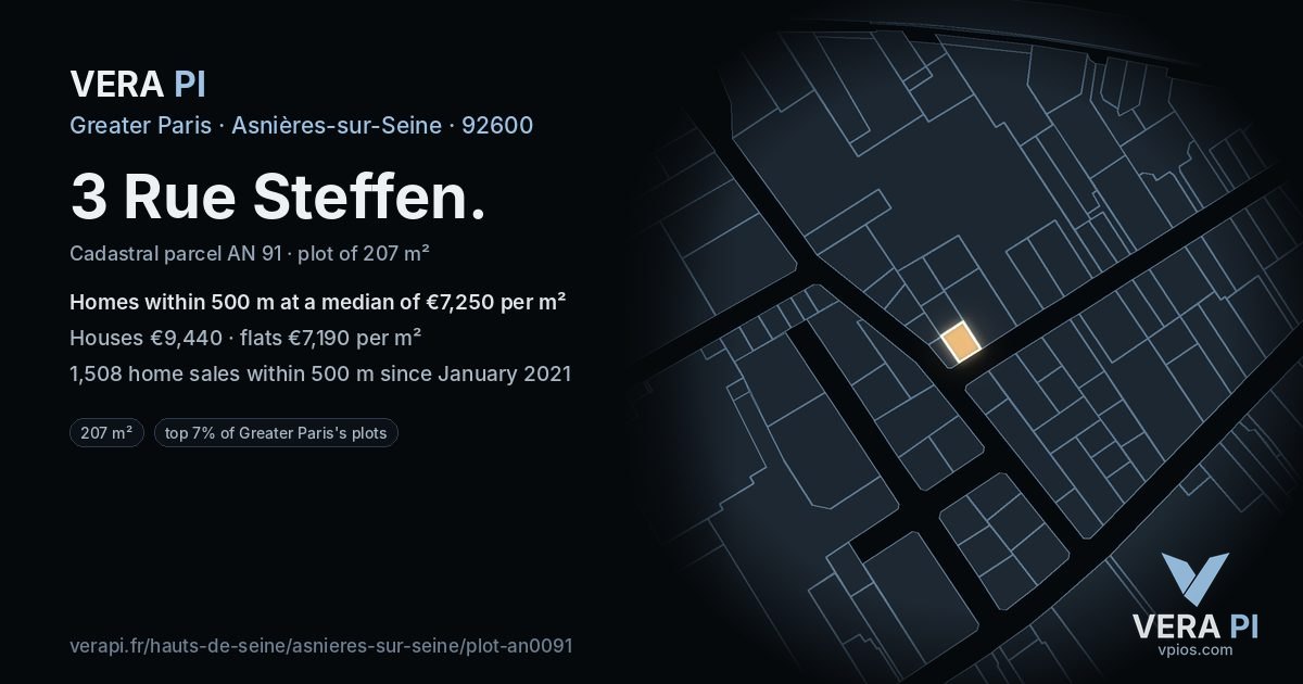 3 Rue Steffen, Asnières-sur-Seine at night – the plot lit, the parcels around coloured by the prices near them