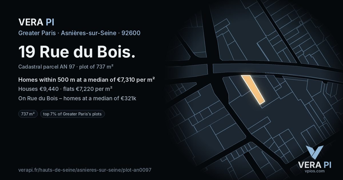 19 Rue du Bois, Asnières-sur-Seine at night – the plot lit, the parcels around coloured by the prices near them