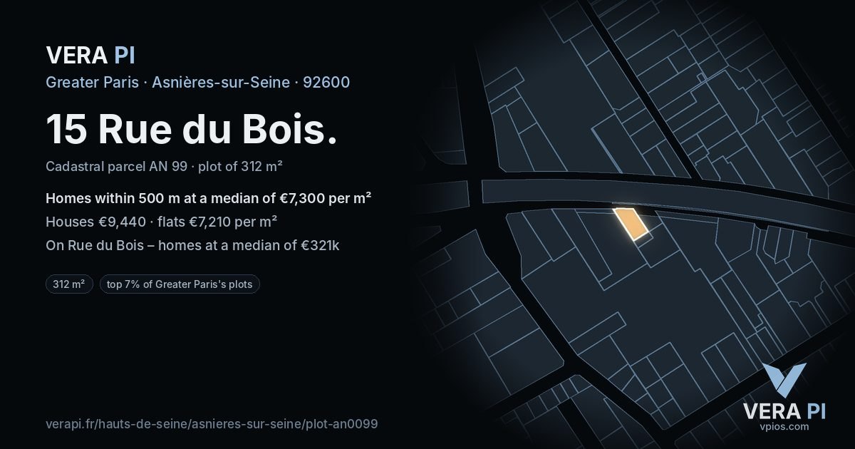 15 Rue du Bois, Asnières-sur-Seine at night – the plot lit, the parcels around coloured by the prices near them