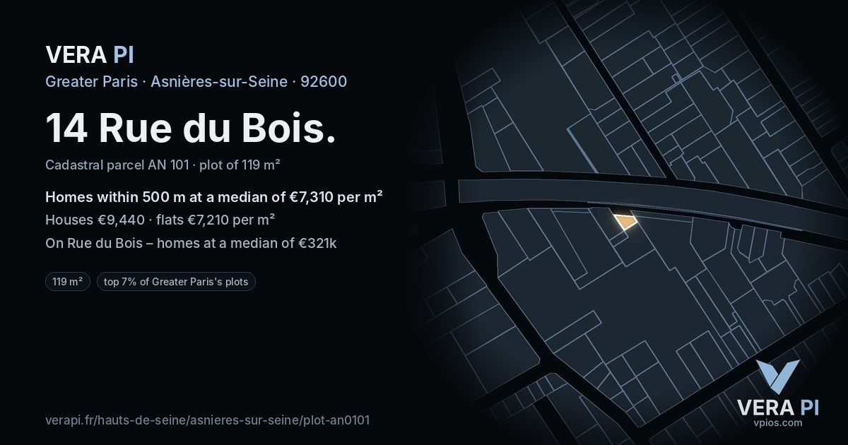 14 Rue du Bois, Asnières-sur-Seine at night – the plot lit, the parcels around coloured by the prices near them