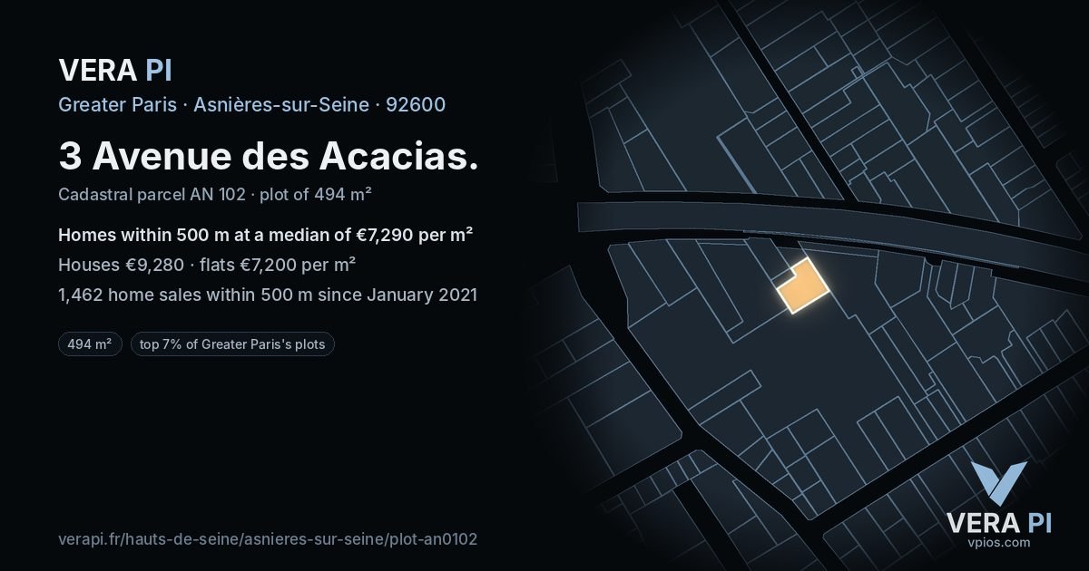 3 Avenue des Acacias, Asnières-sur-Seine at night – the plot lit, the parcels around coloured by the prices near them