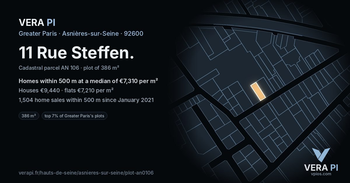 11 Rue Steffen, Asnières-sur-Seine at night – the plot lit, the parcels around coloured by the prices near them
