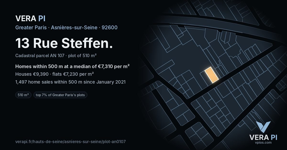 13 Rue Steffen, Asnières-sur-Seine at night – the plot lit, the parcels around coloured by the prices near them