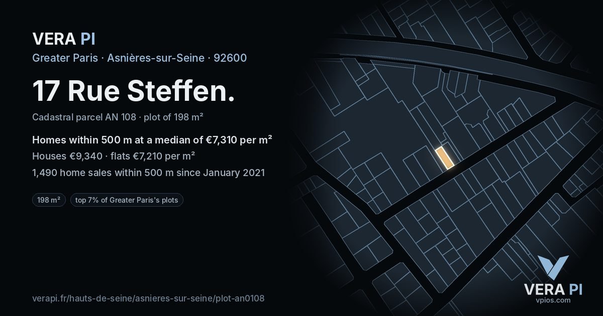 17 Rue Steffen, Asnières-sur-Seine at night – the plot lit, the parcels around coloured by the prices near them