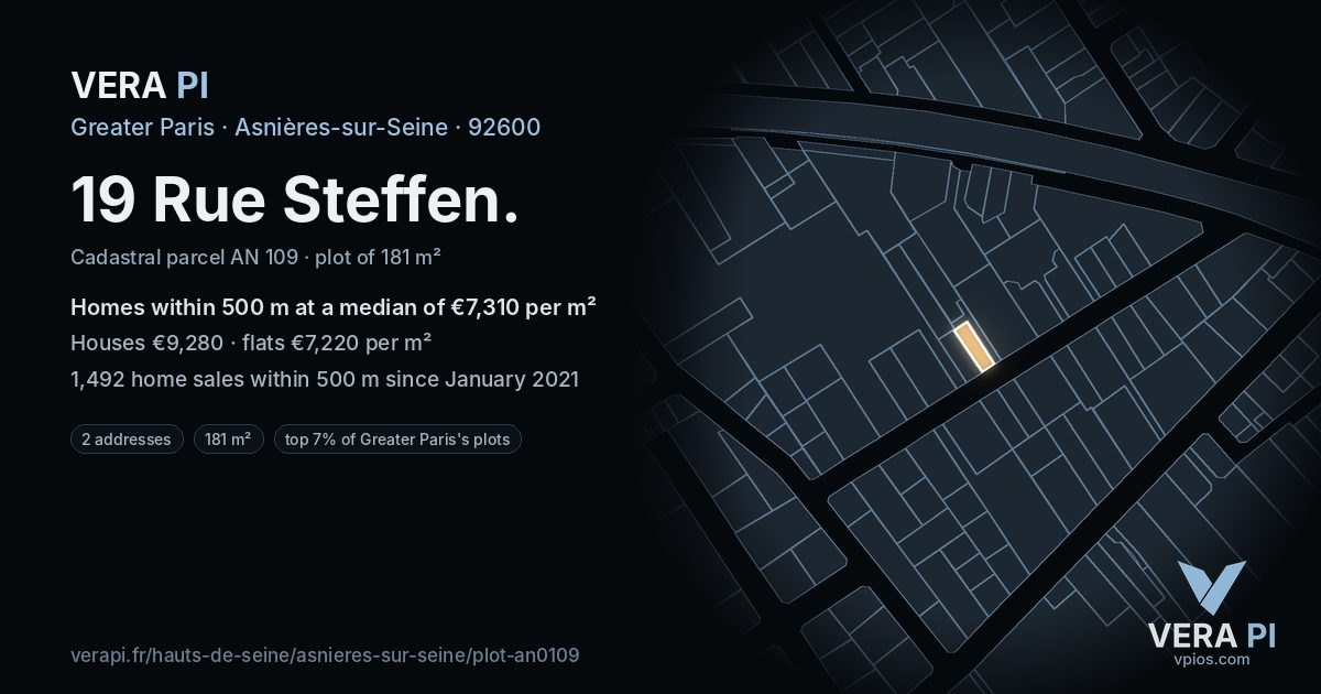 19 Rue Steffen, Asnières-sur-Seine at night – the plot lit, the parcels around coloured by the prices near them