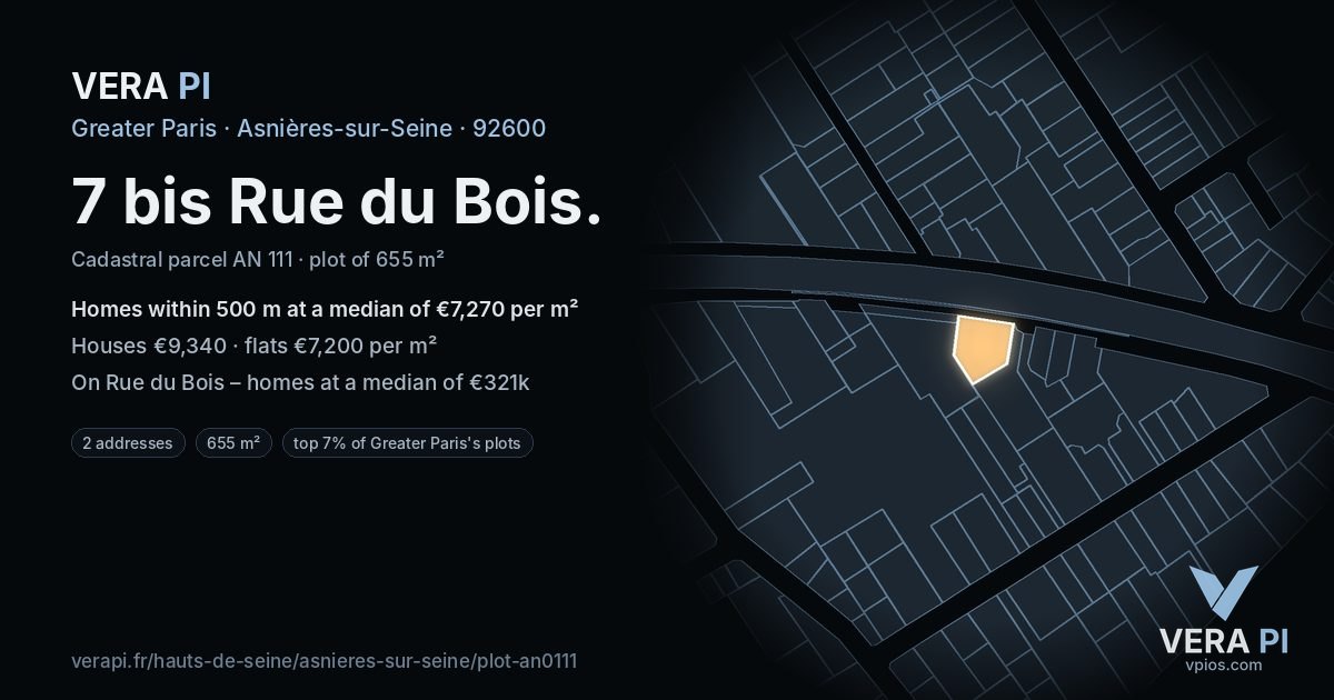 7 bis Rue du Bois, Asnières-sur-Seine at night – the plot lit, the parcels around coloured by the prices near them