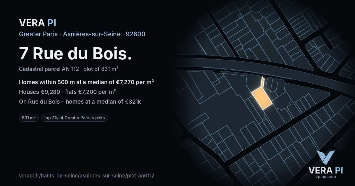 7 Rue du Bois, Asnières-sur-Seine at night – the plot lit, the parcels around coloured by the prices near them
