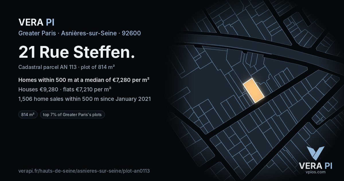 21 Rue Steffen, Asnières-sur-Seine at night – the plot lit, the parcels around coloured by the prices near them