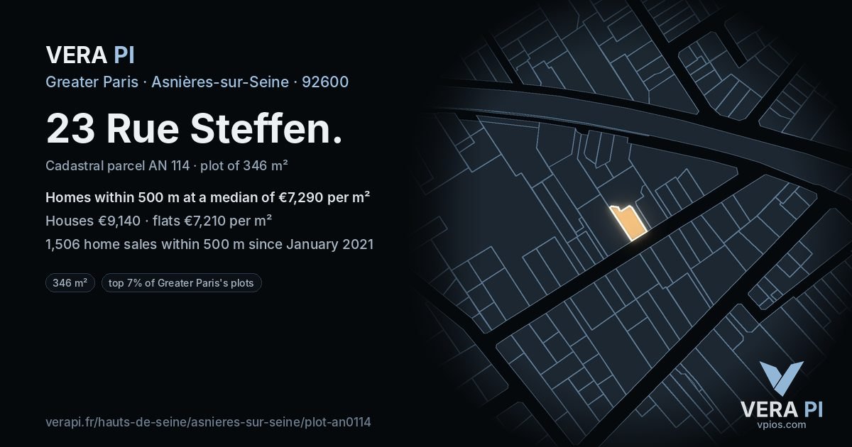 23 Rue Steffen, Asnières-sur-Seine at night – the plot lit, the parcels around coloured by the prices near them